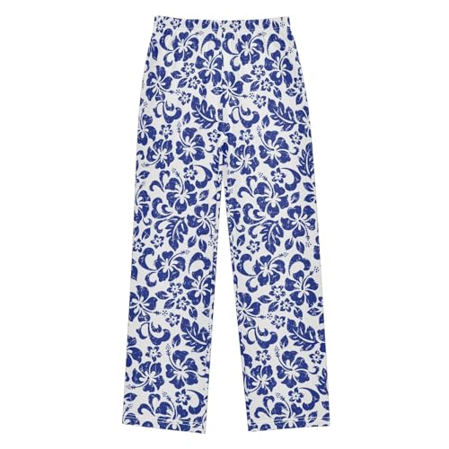 ZZXXB Blue Hibiscus Flowers Boys Long Pants Soft Trousers Elastic Waist Kids Lounge Bottoms with Pockets S-XL