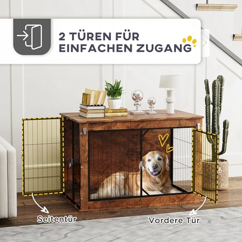PawHut Hundekäfig Möbel, Hundebox für Zuhause, für große Hunde unter 30 kg, Hundehaus mit 2 verschließbaren Türen, Stahl, 98 x 60 x 65,5 cm, Rustikales Braun