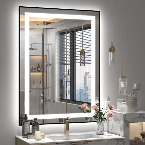 Image of 24x37 Framed LED Bathroom Mirror, Lighted Vanity Mirror with Lights, Dimmable Illuminated Mirror for Wall, Anti-Fog, Shatterproof (Front Lights and Backlit)