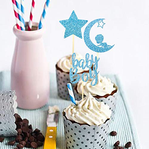 24 Pcs Baby Shower Boy Cupcake Toppers With Moon Star Blue Glitter Baby Boy Cupcake Picks Baby Shower Boys Birthday Party Supplies #TOP5