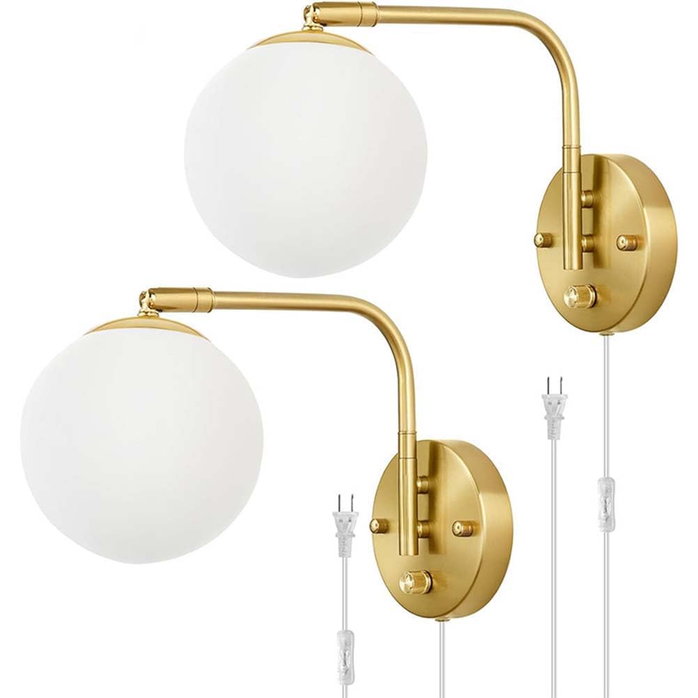 Szklana lampa ścienna LED Ściemnialna z przełącznikiem Lampa ścienna Złota, regulowana metalowa lampka nocna w środku z wtyczką i kablem Lampa ścienna do czytania w stylu vintage w stylu industrialnym