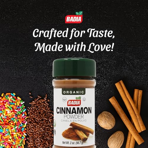 Image of Badia Organic Cinnamon Powder, 2 oz - Warm & Sweet Flavor for Baking, Oatmeal, Smoothies, Coffee & Desserts