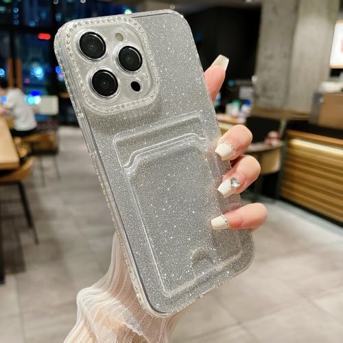 Étui portefeuille iPhone 14 Pro de luxe à strass argenté chic
