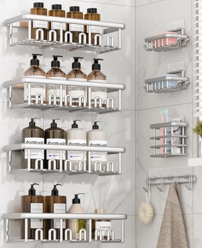 Zeawec 8 Pack Adhesive Rustproof Shower Caddy with Soap Dishes Toothbrush Holder & Hooks Large Capacity No-Drilling Shower Shelves Rack for Bathroom Organizers and Storage Accessories Silver