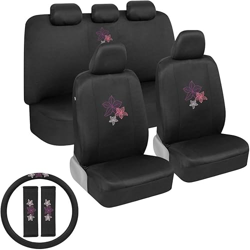 BDK Juego completo de fundas de asiento de automóvil con diseño de flores hawaianas con funda para volante y almohadillas para cinturón de