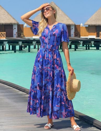 Image of ZESICA Women's 2026 Summer Spring Floral Boho Maxi Dresses Casual Short Sleeve V Neck A Line Flowy Beach Vacation Dress