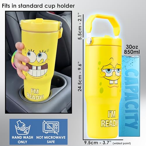 Image of Get Trend SpongeBob SquarePants 30oz Tumbler with Handle and Straw, Kids Stainless Steel Insulated Water Bottle, BPA-Free, Leak-Proof, Cold for 12h, Hot 5h, Gifts for Boys Girls (Yellow SpongeBob)