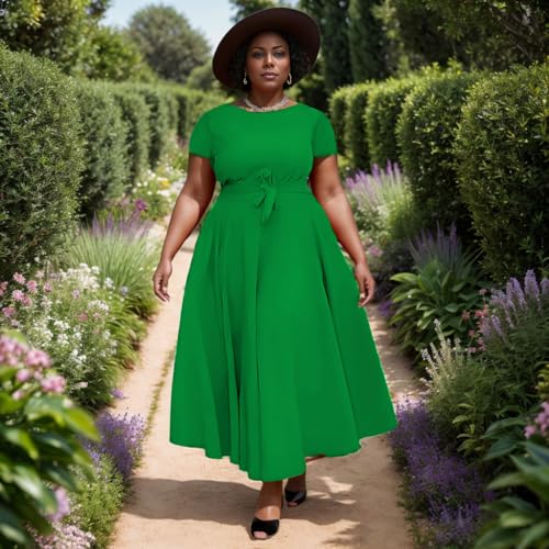 Image of Hostoyo Women Plus Size Formal A Line Maxi Dress Self Tie Waist with Pockets Elegant Round Neck Swing Long Dresses
