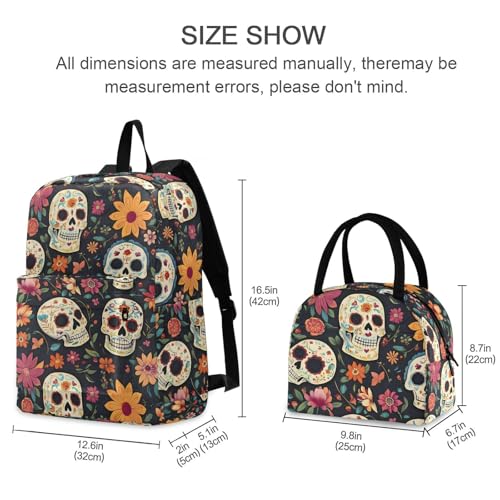 Backpack Lunch Box Set Large Capacity Travel Backpacks and Insulated Lunch Bag for Commute Hiking Picnic Mexican Floral Skull Print2