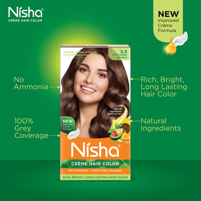Image of Nisha Creme Hair Color Chocolate Brown, Permanent Hair Colour for Women Men, No Ammonia, Ultra Soft Deep Shine, 100% Grey Coverage, 3.5 Chocolate Brown Hair Colour 120gm Pack of 2