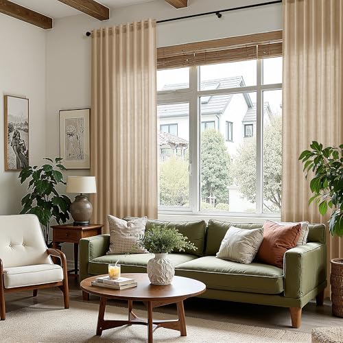 Image of Nanspring Extra Long Linen Curtains 102 Inch for Living Room Sand Beige