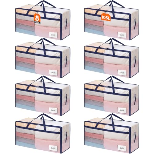 Lifewit Juego de 8 Bolsas Almacenaje Ropa 110 L, Bolsas Mudanza Grandes con Asas, Cajas Mudanza Plegables para Edredones, Mantas, Ropa, Transparente
