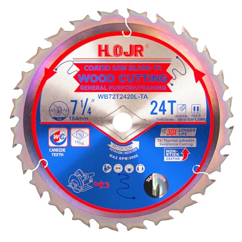 HOJR Framing Saw Blades Woodworking 7-1/4 24-Tooth 5/8 Arbor Framing/GeneralPurpose Circular Saw Blade Special Anti-Thermal Adhesion Coating on Cutting Head -TA 7-1/4 24T TA
