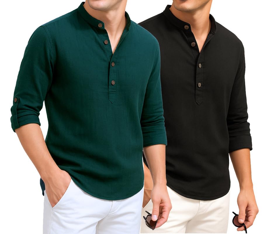 Image of DEELMO Combo of Men's Cotton Blend Solid Regular Fit Full Sleeve Short Kurta | Men's Trendy Short Kurta Pack of 2