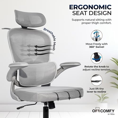 Image of HAVAI Velmora Ergonomic Office Chair | High Back Mesh Chair with Reclining Mechanism, Adjustable Armrest, Headrest & Lumbar Support | Nylon Base & Wheels | Executive /WFH Chair (Grey)