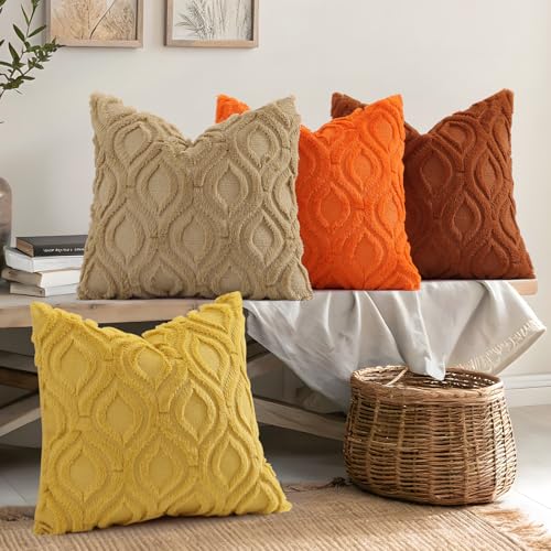 decorUhome Fall Throw Pillow Covers 18x18 Inch Set of 2, Soft Plush Decorative Faux Fur Rust Solid Couch Pillow Covers, Accent Farmhouse Neutral Square Euro Pillow Cases for Sofa Bed Living Room