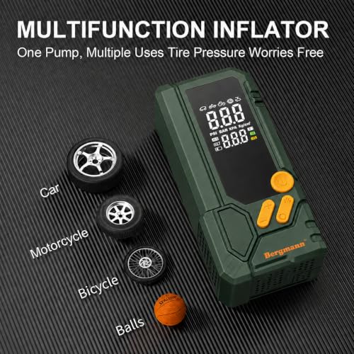 Image of Bergmann Stallion Heavy-Duty Cordless Tyre Inflator + Smart Jump Starter | 10000mAH Li-Ion Battery | LED Light | Type-C Port | for Cars, Bikes, Toys & Bicycles | Dark Green