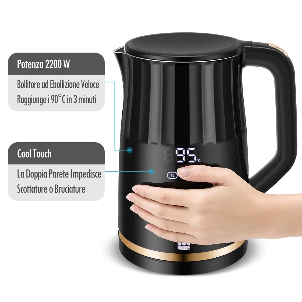 ForMe Bollitore Elettrico In Acciaio Inox 1,7 L Temperatura Regolabile da 40-100 C I Funzione di Mantenimento Caldo LED Display Digitale della Temperatura I Arresto Automatico I Teiera Senza BPA