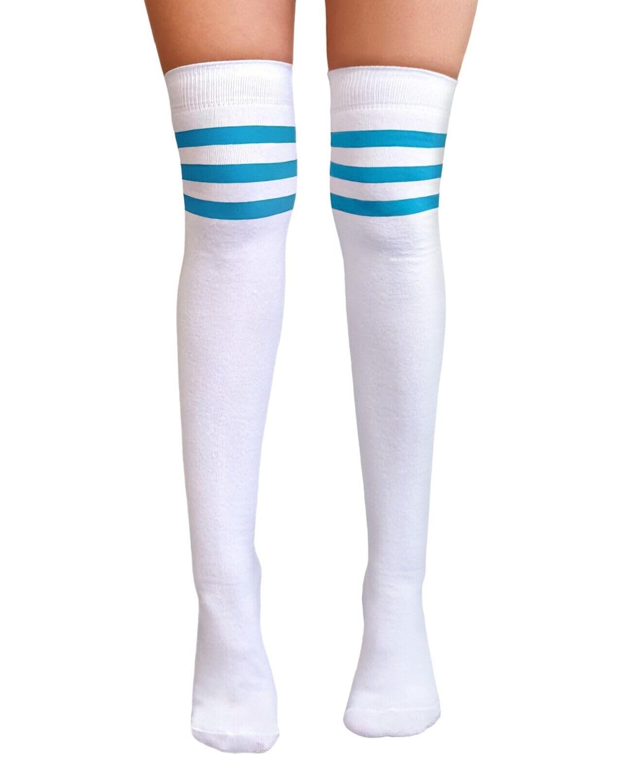 Nujake Girls White With Turquoise Referee Style Over The Knee Cotton Rich Socks (White With Turquoise)