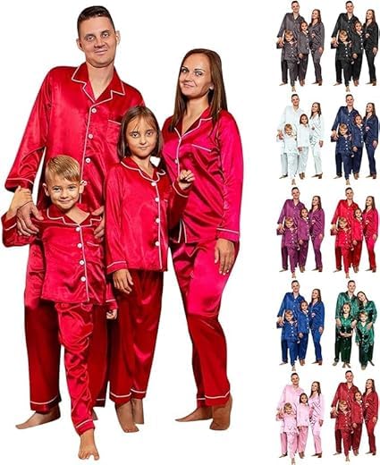 2025 Family Satin Christmas Pajamas Sets Solid Silk Xmas Pjs Matching Sets Soft Sleepwear for Mens Womens Adults Kids Dad Red