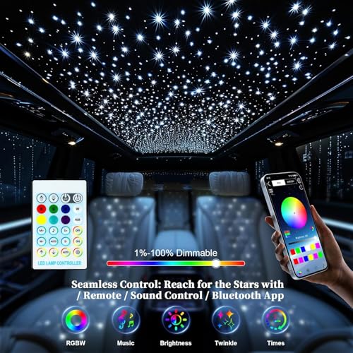 Image of Starlight Headliner Kit 500Pcs 0.03in x 9.8ft - Twinkle Fiber Optic Car Roof Star Ceiling Lights | RGBW | Music Mode | APP & Remote Control | for Car & Home