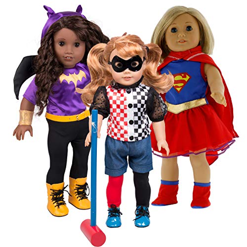 Marvel Comics Superhero Doll Outfits (16 Piece Set) - DC Super Hero Girl Costumes for American Girl & 18 Dolls - Includes Batgirl, Supergirl, and Harley Quinn Clothes and Accessories