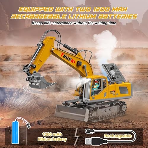 Image of 13CH Remote Control Excavator Construction Toy-1200mAh RC Excavator /Metal Shovel /Spray /Lights /Sounds, 2.4Ghz RC Bulldozer for Kid, RC Stunt Engineering Vehicles Toys