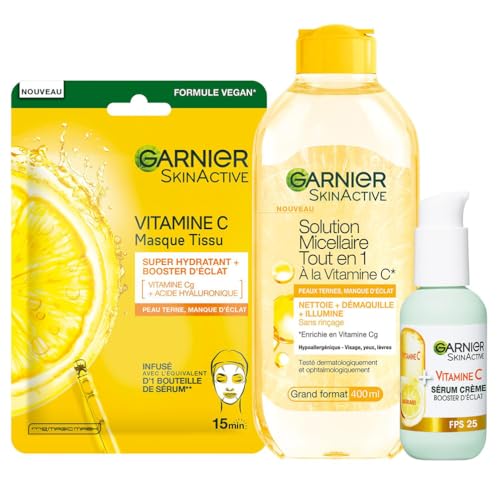 Garnier - Coffret Routine Eclat 3 Produits - Enrichie en Vitamine C - Pour les Peaux Ternes - Sérum Crème Visage (50 ml), Masque Tissu Hydratant, Eau Micellaire Tout en 1 (400 ml)