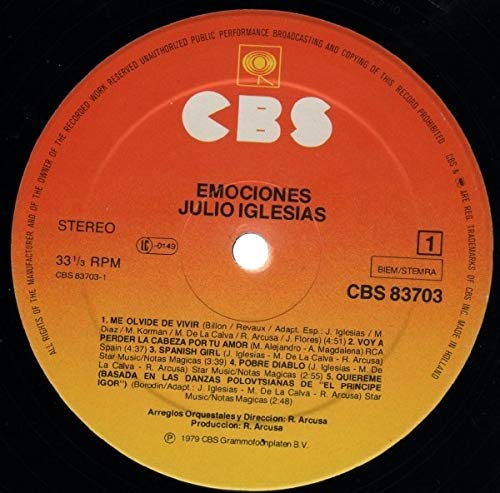 Vista 2 de Julio Iglesias - Emociones - CBS - CBS 83703, CBS - 83703