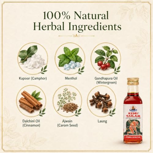 Image of Kesri Tailam Pain Relief Oil, (60 ml, Pack of 1)| Natural Ayurvedic Massage Oil for Joint, Muscle, Knee & Back Pain | Traditional Herbal Massage Oil