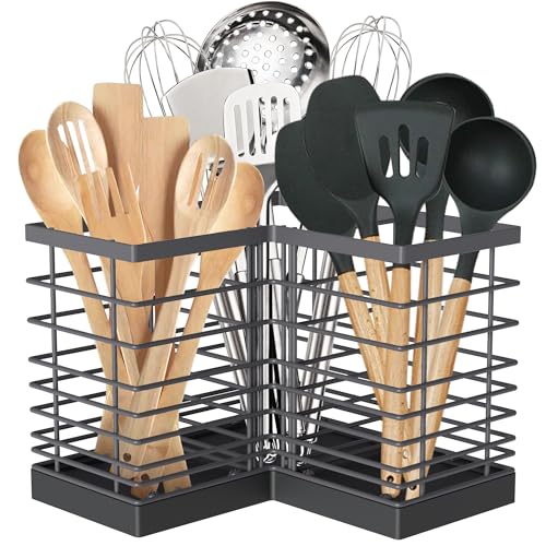 Suli Extra Large Kitchen Utensil Holder Countertop for Corner Counter | Against Wall,Hold 40 tool,Easy to Clean,Spacesaving,Sturdy Farmhouse Cooking Utensil Organizer Caddy,Rustic Decor,Metal,Grey