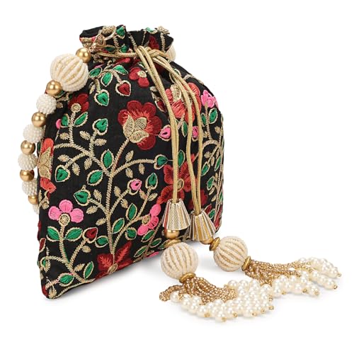 Image of LONGING TO BUY Indian Embroidered Pearl Potli Bag For Women, Sequence Design with Tassel, Wedding Potli Bags