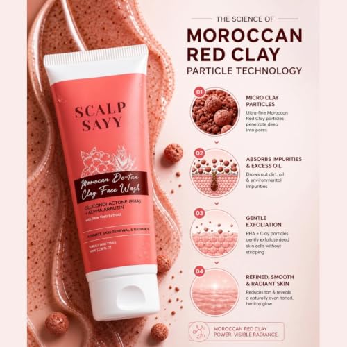 Image of Moroccan De-Tan Clay Face Wash with Aloe Vera Extract - Deep Cleansing Face Cleanser for Tan Removal & Skin Brightening, Gentle Daily Face Wash for All Skin Type (100Ml)