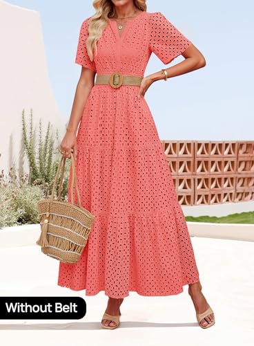 Image of ZESICA Women's 2026 Summer Short Sleeve Maxi Dress Casual V Neck Hollow Out Eyelet Ruffle Swing A Line Long Dresses