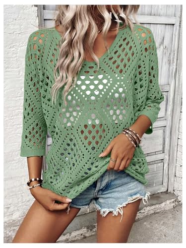 Image of Verdusa Women's Crochet Beach Sweater 3 /4 Length Sleeve Boho Tops Off The Shoulder Summer Sweater Cover Ups