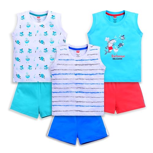 Image of LuvLap Baby Boys Cotton Printed Sleeveless Tank Top & Shorts Sets Pack Of 3, White & Blue Radiance & Melange, XL (12 to 18 Months)