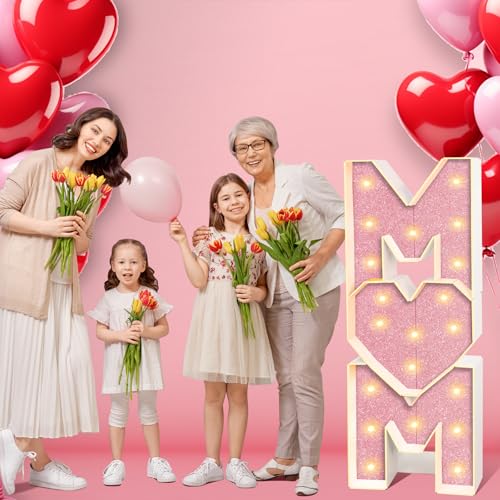 Image of Mother's Day Decorations LED Letter Lights, 4 Feet Tall 'MOM' Marquee Letters Lights Large Heart Sign for Mother's Day Wall Deor Birthday Party Decorations Supplies, Pink