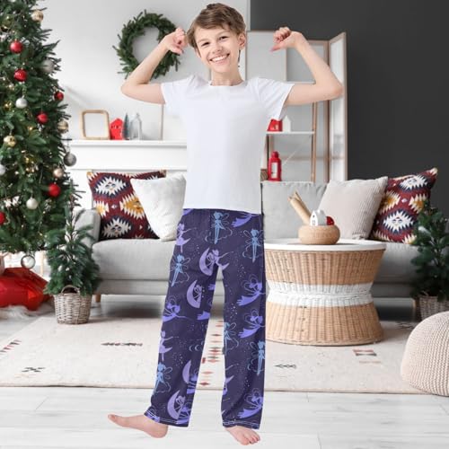 Boy's Pj Pants Flying Fairy Magic Wand Purple Lounge Bottoms Elastic Waist Kids Joggers with Pockets Size 6-142
