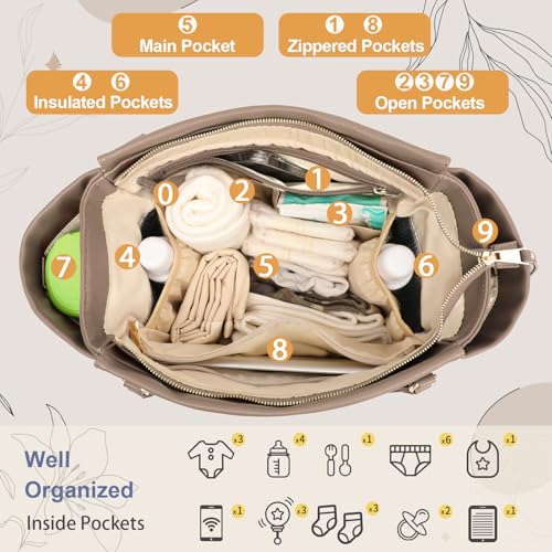 Image of miss fong Checkered Diaper Bag Tote - Leather Diaper Bag Backpack, Large Capacity Mommy Bag Hospital Bag, 12 Pockets Travel Diaper Tote with Changing Pad for Mom Plaid Tote Bag for Women-light brown
