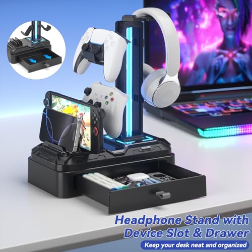 KDD Soporte Auriculares Gaming con Cargadores USB A Tip C, Soporte Cascos Gaming & Soporte Mandos PS5 Extraíble con Cajón para Móviles Tabletas para Escritorio Gamer Accesorios Gaming PC - imagen 2