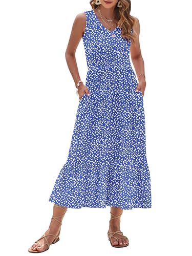 Image of AUSELILY Womens Summer Maxi Dress Casual Sleeveless V Neck Floral Dresses | A line shape with practical side pockets, Vacation dress for resort walks, Pair with low heels and simple jewelry
