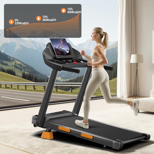 Běžecký pás UMAY pro domácnost skládací 14 km/h, běžecké pásy 3,0 PS/2 200 W s monitorem srdečního tepu, aplikací a reproduktorem, běžecký pás pro domácnost s 12 tréninkovými programy, maximální zatížení 136 kg, odpružený běžecký pás