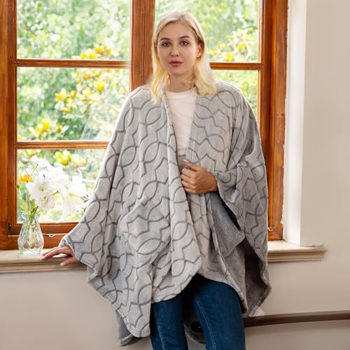 Bcareself Two-Sided Wearable Blanket Ultra Soft Flannel Shawl Blanket, with Pockets for Women and Men, Throw Blanket for Home, Travel, Warm Present (Heather Grey, 58'' x 64'') by Bcareself - Image 2