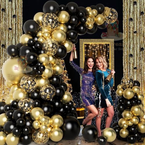 Image of 104Pcs Black Gold Birthday Decorations Kit - Metallic Balloons Happy Birthday Card Banner Party Pack