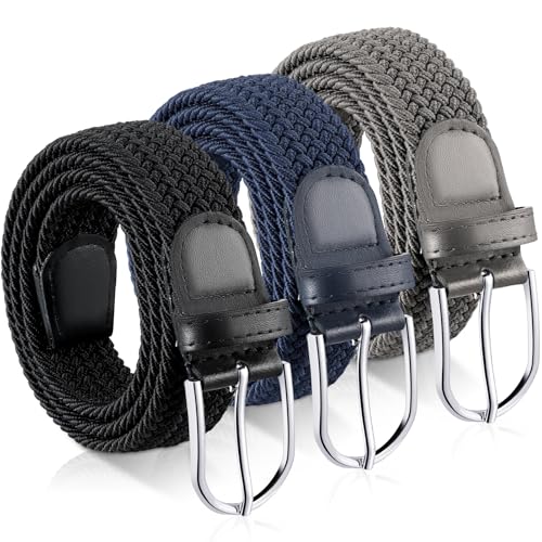 patinadrift 3 Stücke Geflochtener Elastischer Gürtel, Unisex Elastik Flechtgürtel Nicht Porös Pin Buckle Stretchgürtel für Damen und Herren