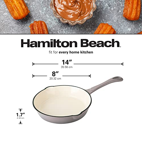 Hamilton Beach Enameled Cast Iron Fry Pan 8-Inch Gray, Cream Enamel Coating, Skillet Pan For Stove Top And Oven, Even Heat Distribution, Safe Up To 400 Degrees, Durable #TOP5