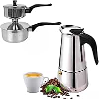 Kit Panela Cuscuzeira Inox Pequena individual e Cafeteira Italiana Expresso 6 xícaras para Fogão Indução, à Gás, Fogão Elétrico