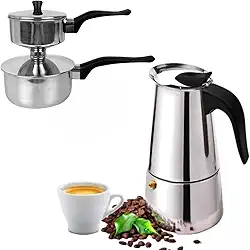 Kit Panela Cuscuzeira Inox Pequena individual e Cafeteira Italiana Expresso 6 xícaras para Fogão Indução, à Gás, Fogão Elétrico