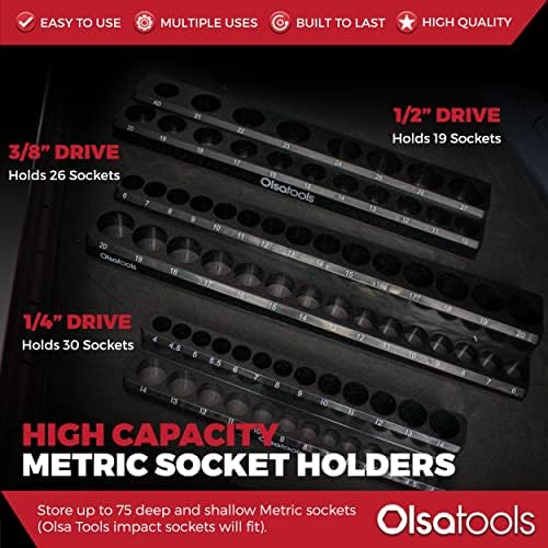 Olsa Tools Magnetic Socket Organizer - 3 Piece Socket Holder Kit - 1/2-Inch - 3/8-Inch - 1/4-Inch Drive - Metric - Black - Holds 75 Sockets - Professional-Grade - Part: 1151 - 2