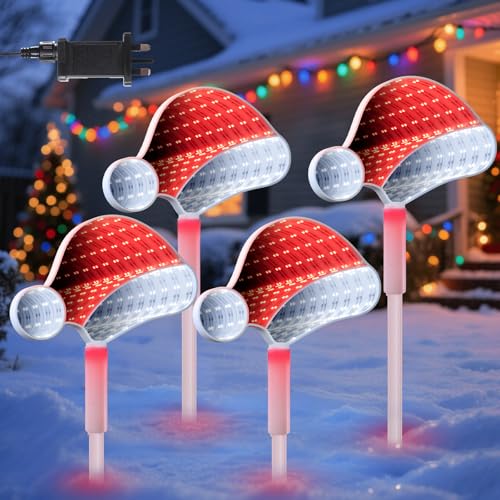 Quntis Christmas Pathway Lights Mains Powered, 4Pack Led Christmas Hats Pathfinder Garden Lights, IP44 Waterproof Xmas Decoration for Path Stake Outdoor Courtyard Road Balcony Yard Lawn Holiday